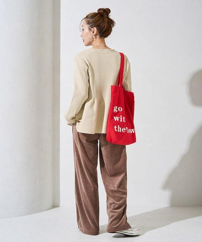 天鵝絨拼接條紋寬鬆長褲