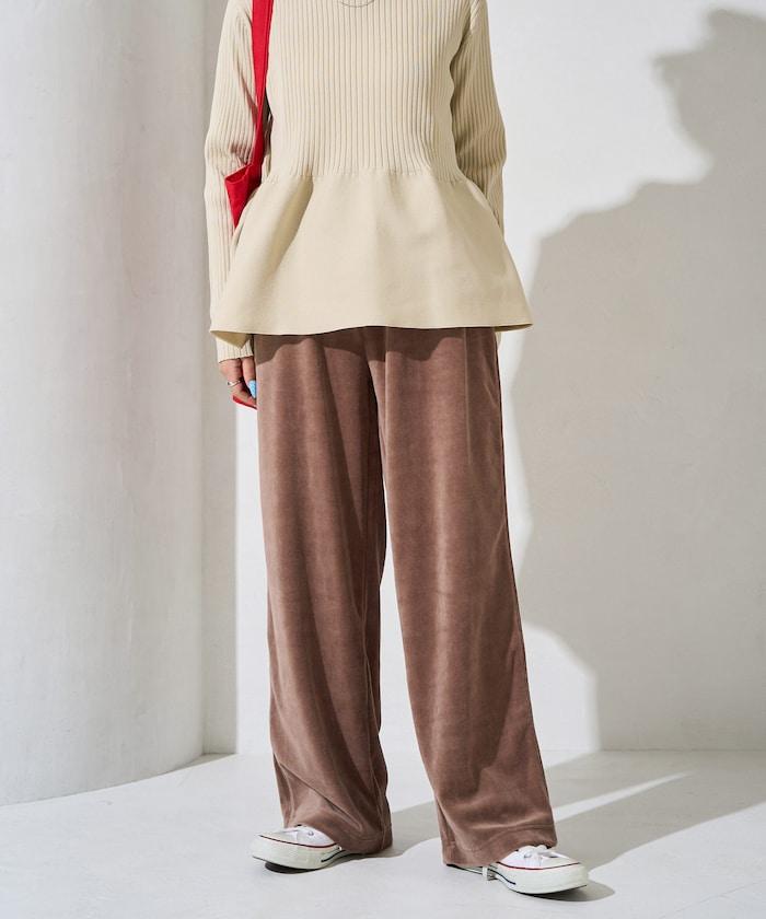 天鵝絨拼接條紋寬鬆長褲