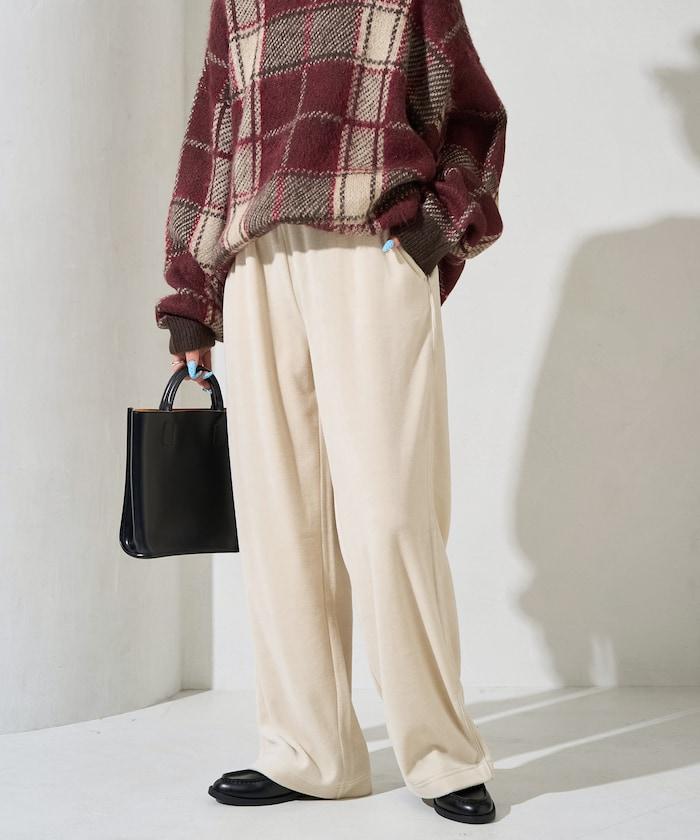 天鵝絨拼接條紋寬鬆長褲