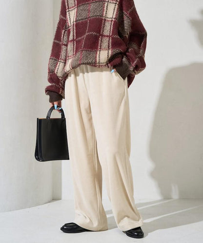 天鵝絨拼接條紋寬鬆長褲