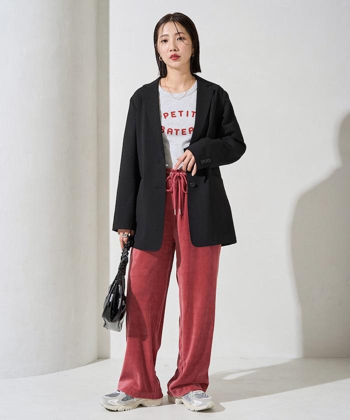 天鵝絨拼接條紋寬鬆長褲