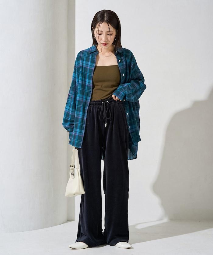 天鵝絨拼接條紋寬鬆長褲