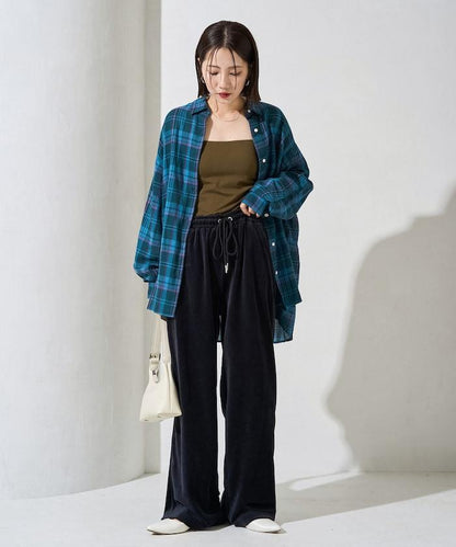 天鵝絨拼接條紋寬鬆長褲