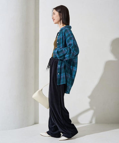 天鵝絨拼接條紋寬鬆長褲