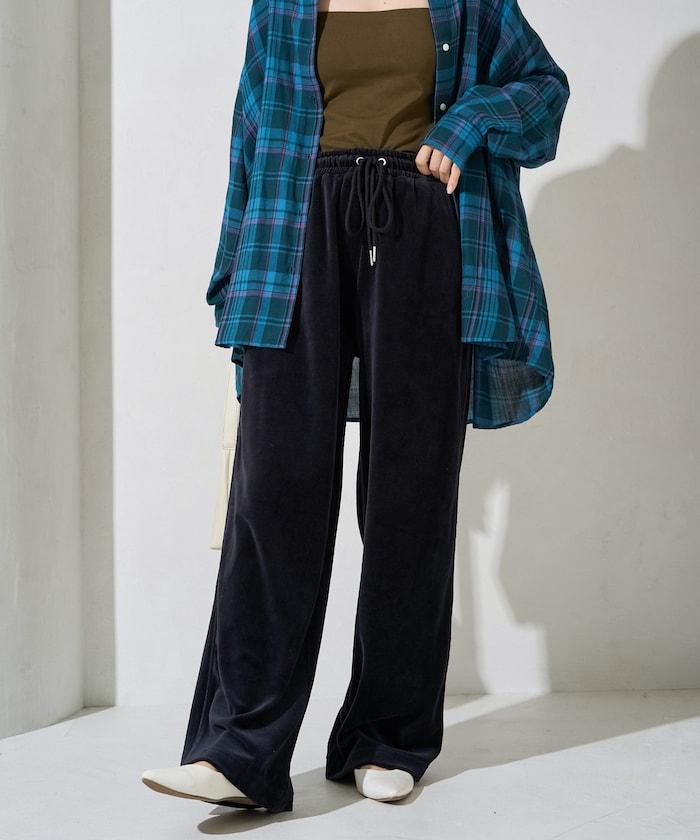 天鵝絨拼接條紋寬鬆長褲