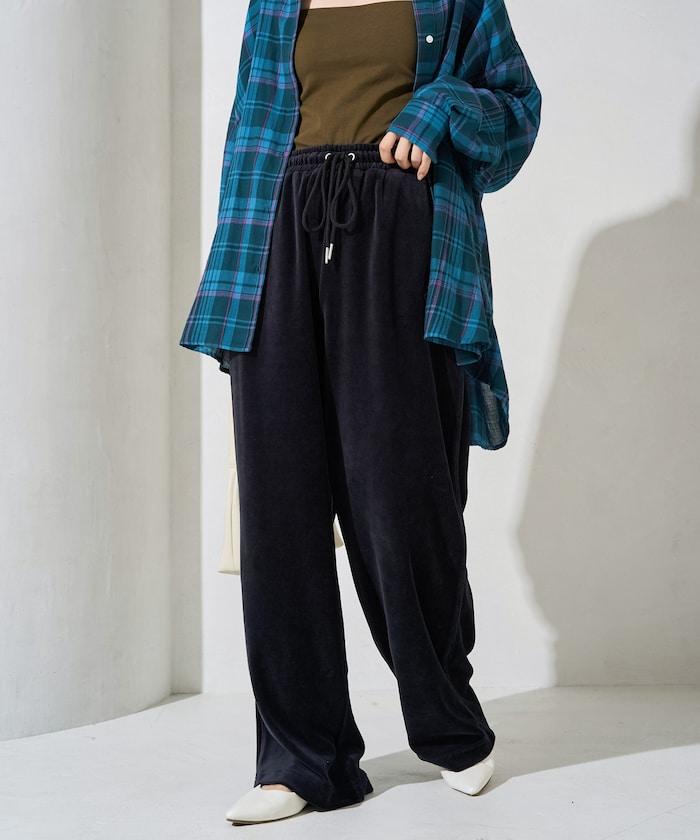 天鵝絨拼接條紋寬鬆長褲