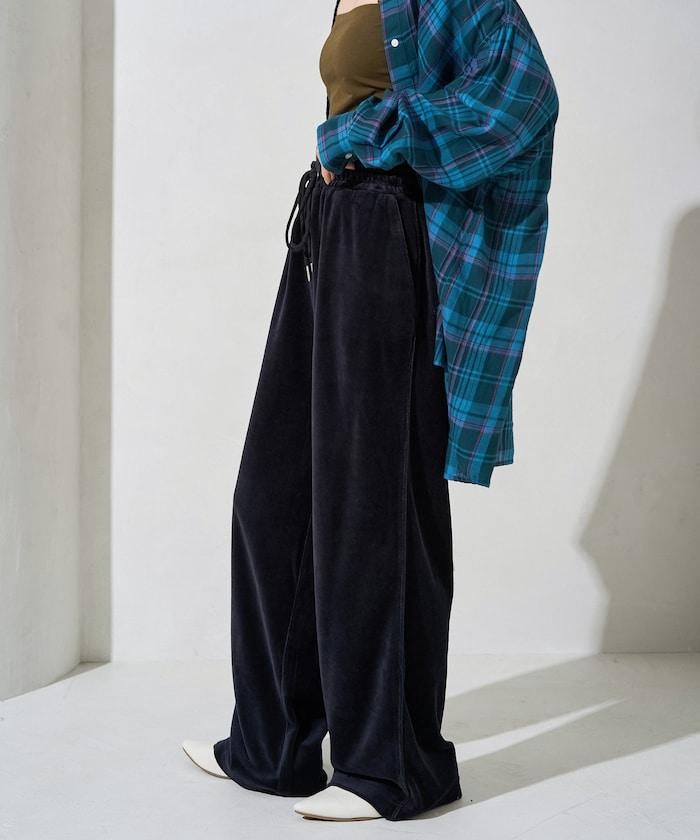 天鵝絨拼接條紋寬鬆長褲