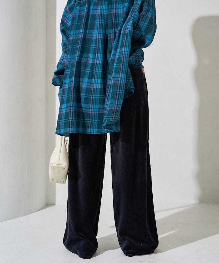 天鵝絨拼接條紋寬鬆長褲