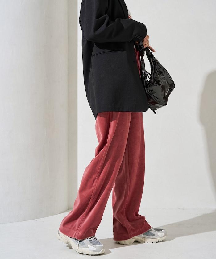 天鵝絨拼接條紋寬鬆長褲