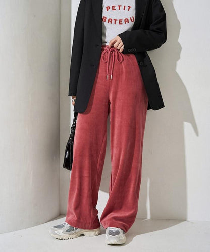 天鵝絨拼接條紋寬鬆長褲