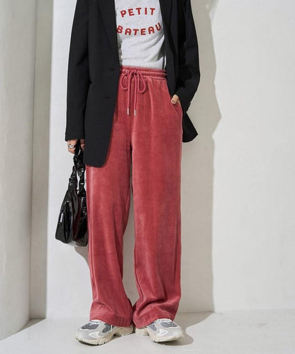 天鵝絨拼接條紋寬鬆長褲