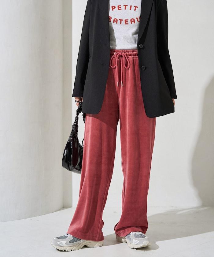 天鵝絨拼接條紋寬鬆長褲