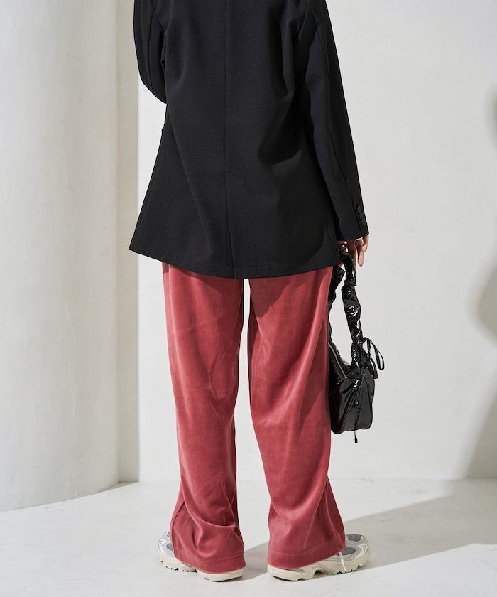 天鵝絨拼接條紋寬鬆長褲