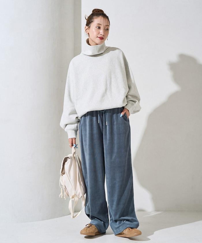 天鵝絨拼接條紋寬鬆長褲