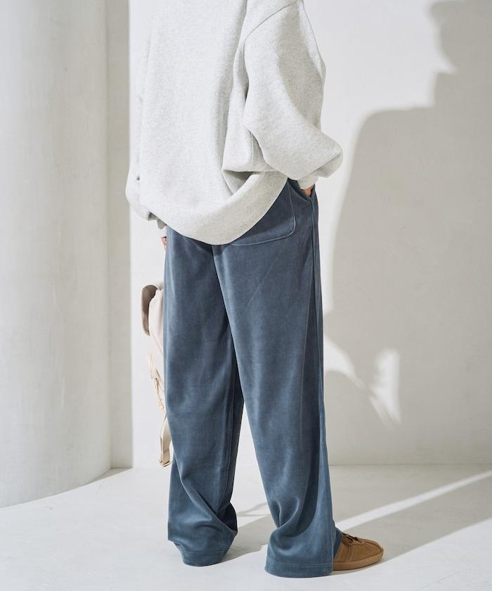 天鵝絨拼接條紋寬鬆長褲