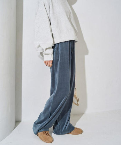 天鵝絨拼接條紋寬鬆長褲