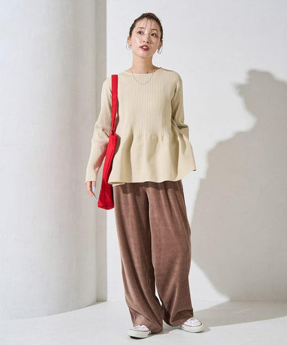 天鵝絨拼接條紋寬鬆長褲