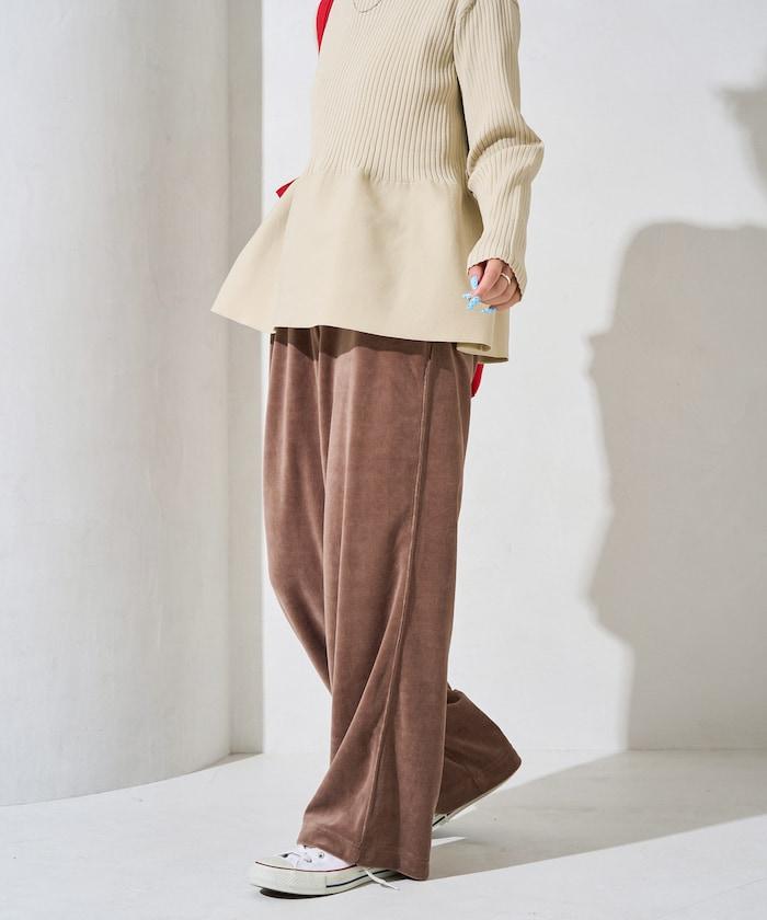 天鵝絨拼接條紋寬鬆長褲