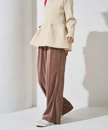 天鵝絨拼接條紋寬鬆長褲