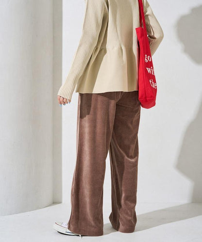 天鵝絨拼接條紋寬鬆長褲
