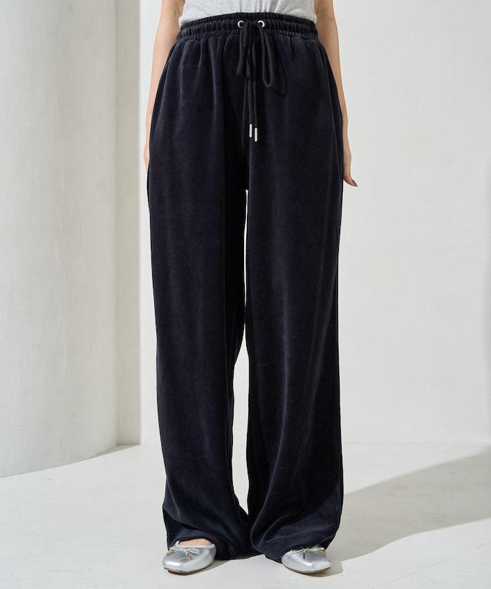 天鵝絨拼接條紋寬鬆長褲