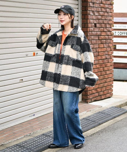 格紋長毛絨襯衫外套
