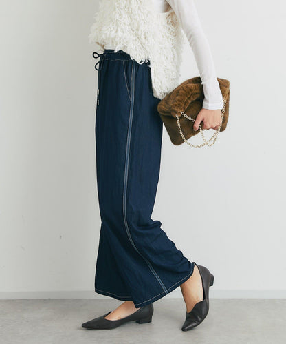 舒適穿著感亮面牛仔闊腿褲