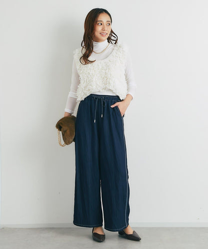 舒適穿著感亮面牛仔闊腿褲