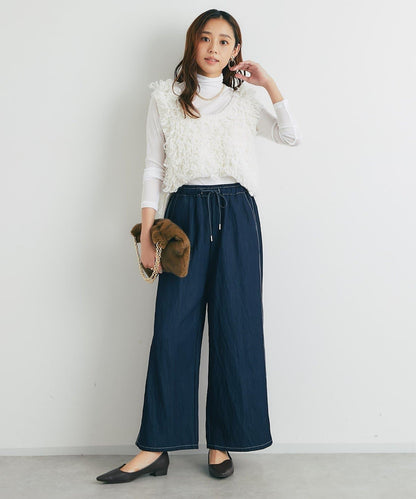 舒適穿著感亮面牛仔闊腿褲