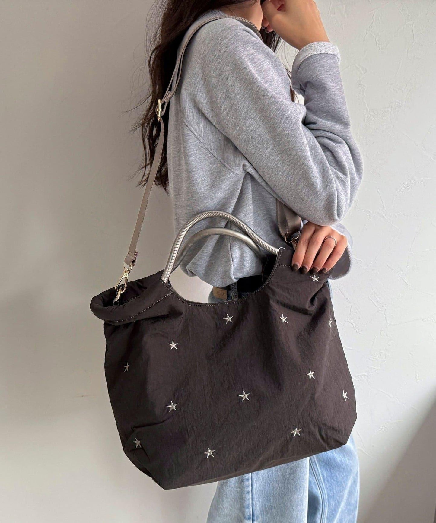 拼色星星刺繡兩用托特包