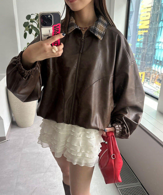 格紋翻領仿皮革泡泡短款夾克
