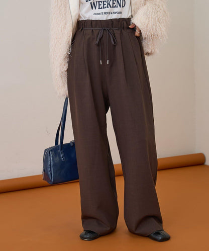 【收腰顯瘦！】附帶繫帶腰帶褶皺寬鬆休閒長褲