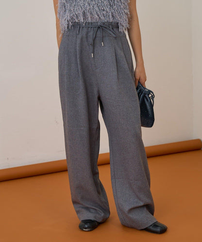 【收腰顯瘦！】附帶繫帶腰帶褶皺寬鬆休閒長褲