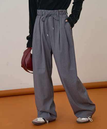 【收腰顯瘦！】附帶繫帶腰帶褶皺寬鬆休閒長褲