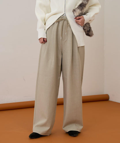 【收腰顯瘦！】附帶繫帶腰帶褶皺寬鬆休閒長褲