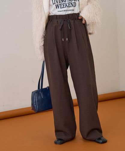 【收腰顯瘦！】附帶繫帶腰帶褶皺寬鬆休閒長褲