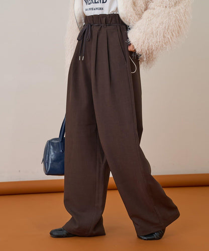 【收腰顯瘦！】附帶繫帶腰帶褶皺寬鬆休閒長褲