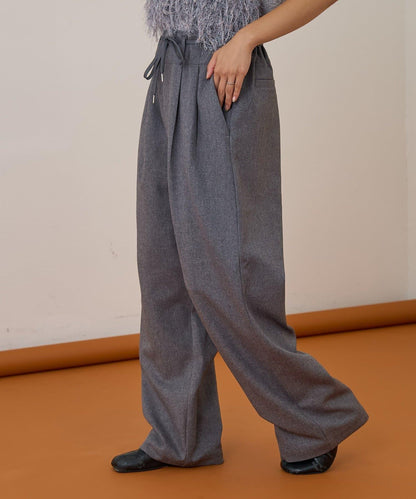 【收腰顯瘦！】附帶繫帶腰帶褶皺寬鬆休閒長褲