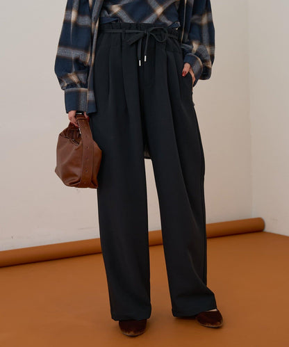 【收腰顯瘦！】附帶繫帶腰帶褶皺寬鬆休閒長褲