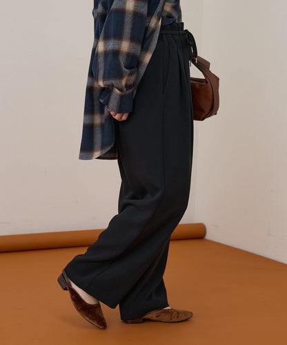 【收腰顯瘦！】附帶繫帶腰帶褶皺寬鬆休閒長褲