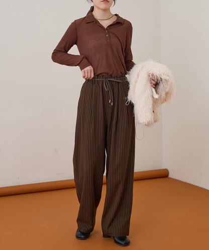 【收腰顯瘦！】附帶繫帶腰帶褶皺寬鬆休閒長褲