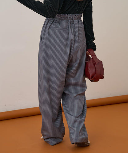 【收腰顯瘦！】附帶繫帶腰帶褶皺寬鬆休閒長褲