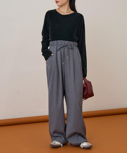 【收腰顯瘦！】附帶繫帶腰帶褶皺寬鬆休閒長褲