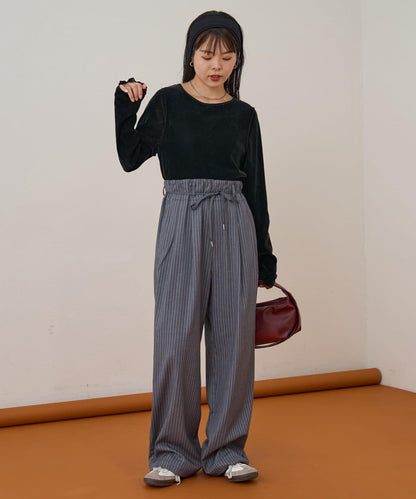 【收腰顯瘦！】附帶繫帶腰帶褶皺寬鬆休閒長褲