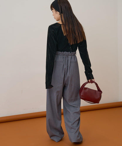 【收腰顯瘦！】附帶繫帶腰帶褶皺寬鬆休閒長褲