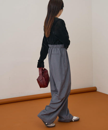 【收腰顯瘦！】附帶繫帶腰帶褶皺寬鬆休閒長褲