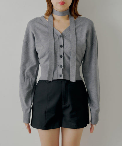 【Chico】帶領帶V領修身針織衫