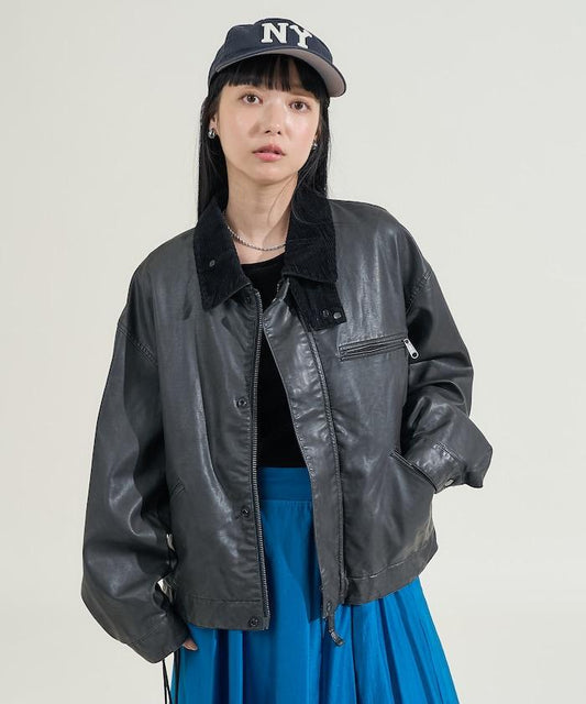 仿舊工藝燈芯絨領皮革夾克