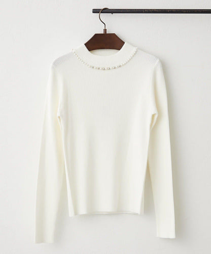 【RMAF】珍珠裝飾小高領羅紋針織衫