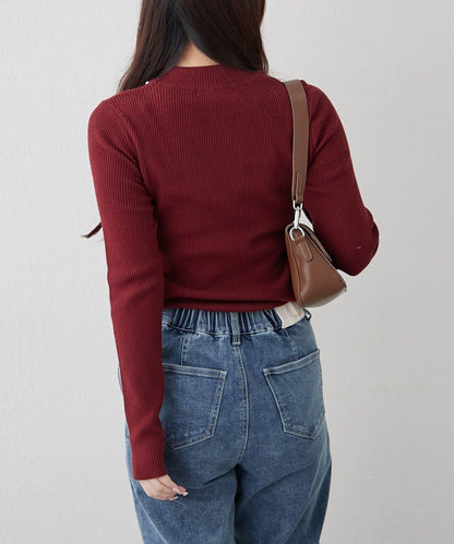 【RMAF】珍珠裝飾小高領羅紋針織衫